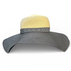 Capelina Paper Straw Wide Brim Floppy Sun Hat, Two-Tone Patterned Band, [Medium]